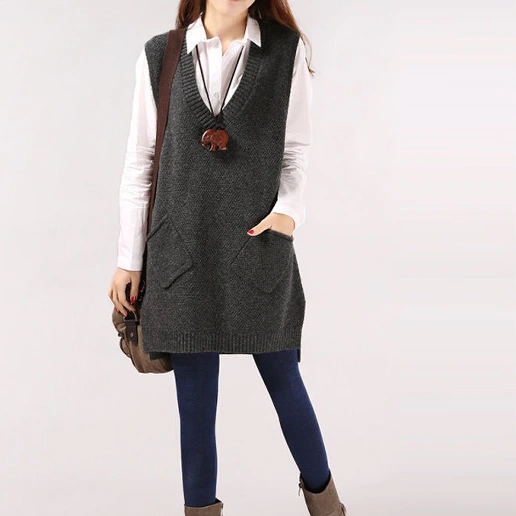 コーディネート自在 Vネック レトロ ストレート 着痩せ効果 ポケット付き ノースリーブ 耐久性 通気性良い シンプル ニットワンピース