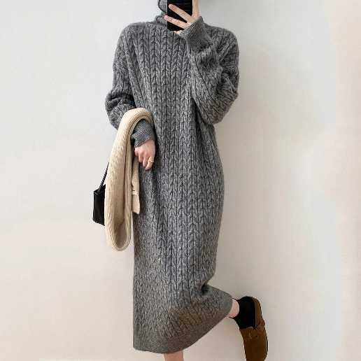 絶対欲しい ニット 無地 長袖 ラウンドネック ストレート シンプル ワンピース