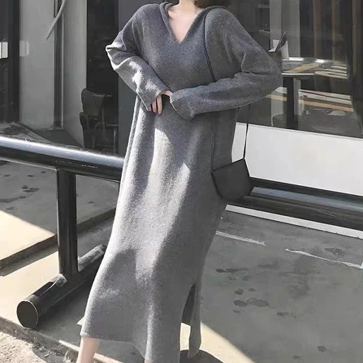 大人可愛い フード付き 着痩せ効果 長袖 Aライン 無地 ファッション ニットワンピース