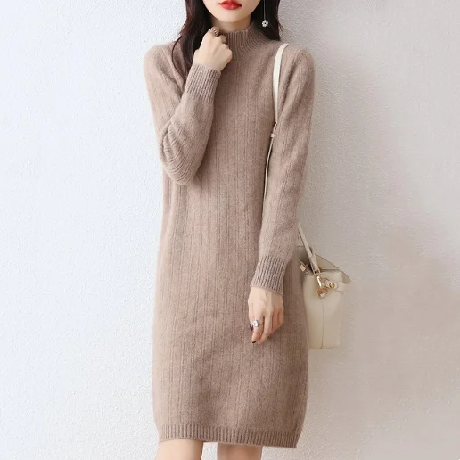 ハーフネック 自宅で洗える フェミニン 型崩れしない 体型をカバー カジュアル 柔軟加工 着痩せ効果 ニットワンピース