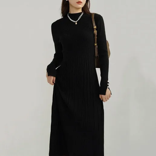 新登場 ギャザー 無地 Aライン 長袖 ラウンドネック カジュアル ニットワンピース