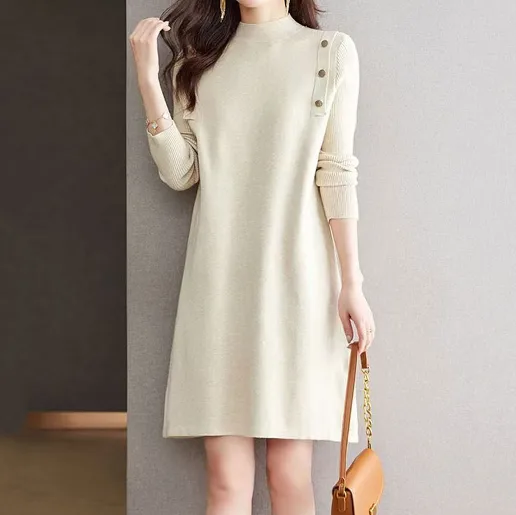新発売！ ハーフネック 長袖 無地 ボタン Aライン ファッション ニットワンピース