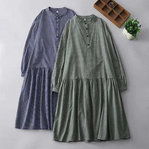着回し自在！ チェック柄 柔軟加工 ギャザー 長袖 ラウンドネック ナチュラル ワンピース シャツワンピース