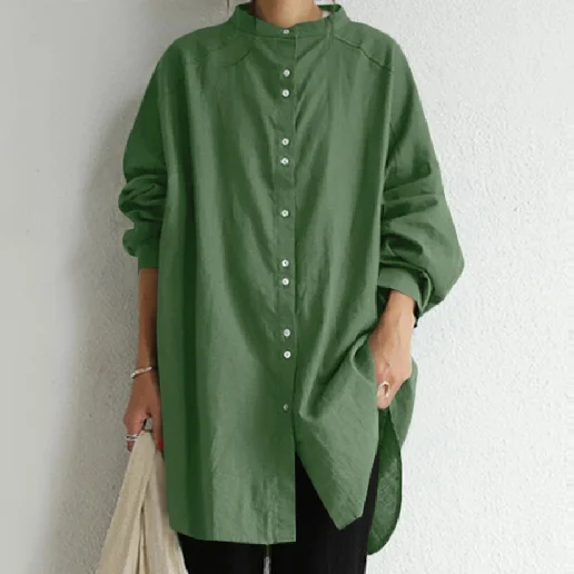 「スタンドネック」無地 シングルブレスト 長袖 シャツ