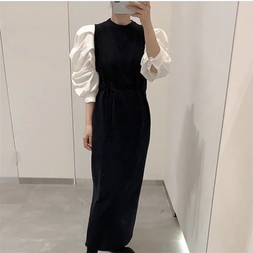 毎日参考になる！ ラウンドネック 配色 長袖 レイヤード / 重ね着風 ストレート シンプル ワンピース