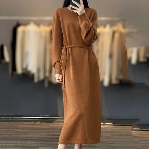 大人可愛い Aライン 無地 長袖 ラウンドネック ボウタイ ニットワンピース