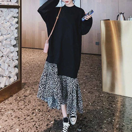 トレンドを先取り♪ 切り替え ドット柄 プリント 配色 長袖 カジュアル ニットワンピース