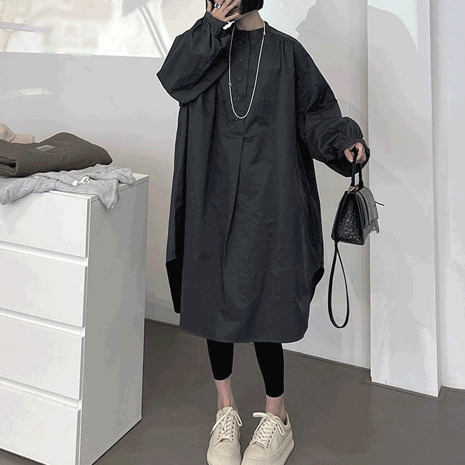 「奇跡の再販」 スリット 無地 ギャザー 長袖 ランタンスリーブ カジュアル シャツワンピース