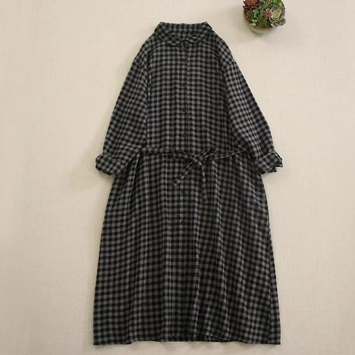 ボタン Aライン カジュアル ワンピース 長袖 チェック柄 切り替え シャツワンピース