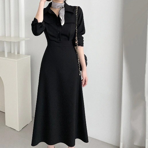 新登場 Aライン 長袖 折り襟 無地 ファッション カジュアルワンピース シャツワンピース