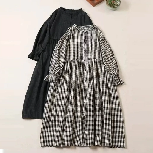 春に最適 切り替え 長袖 チェック柄 大きめのサイズ感 ラウンドネック シャツワンピース