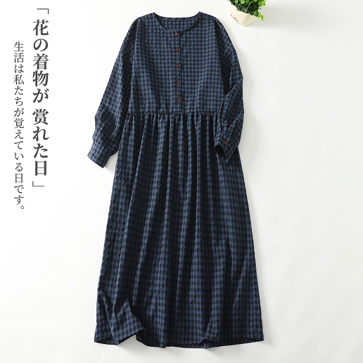『大人が着たいアイテム』 ポケット付き 長袖 チェック柄 ラウンドネック Aライン カジュアル カジュアルワンピース