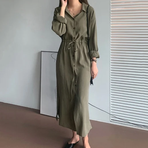 ファッション POLOネック ボタン ボウタイ ハイウエスト Aライン ロング シャツワンピース