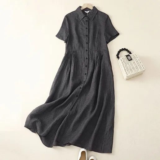 フェミニン 森ガール ギャザー 半袖 ボタン POLOネック 着痩せ効果 シングルブレスト Aライン シャツワンピース