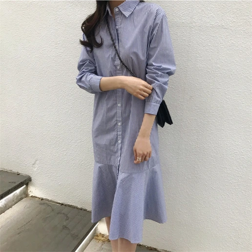 新作登場 マーメイド切替 ボーダー 切り替え 長袖 ボタン ファッション ワンピース シャツワンピース