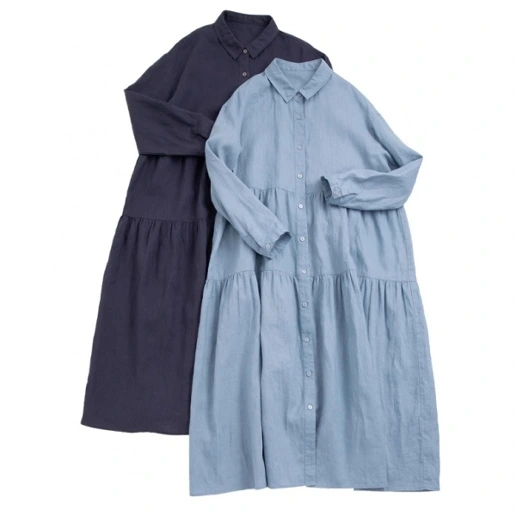 Aライン ビックシルエット 切り替え ボタン 耐久性 大きめのサイズ感 ロング 体型をカバー 折り襟 シャツワンピース