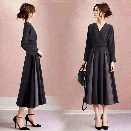 Vネック Aライン 長袖 ギャザー 無地 エレガント ワンピース