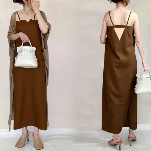 キレカジ モード ノースリーブ きれいめ系 足首丈 大きめのサイズ感 ビジネス 透かし編み キャミワンピース