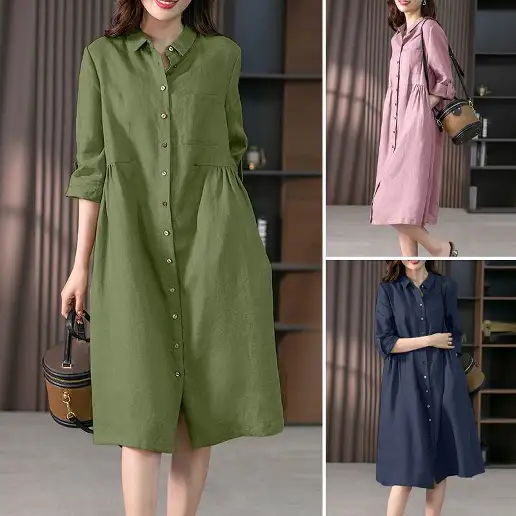 シングルブレスト 七分袖 Aライン 大きめのサイズ感 シンプル POLOネック 気分転換 シャツワンピース