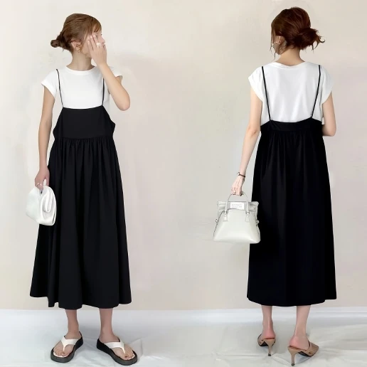 ハイウエスト 大きめのサイズ感 すね丈 Aライン ノースリーブ プルオーバー 柔軟加工 シンプル キャミワンピース