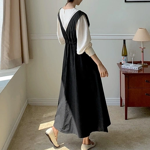 着回し自在！ Vネック ノースリーブ ボウタイ 無地 Aライン カジュアル ワンピース