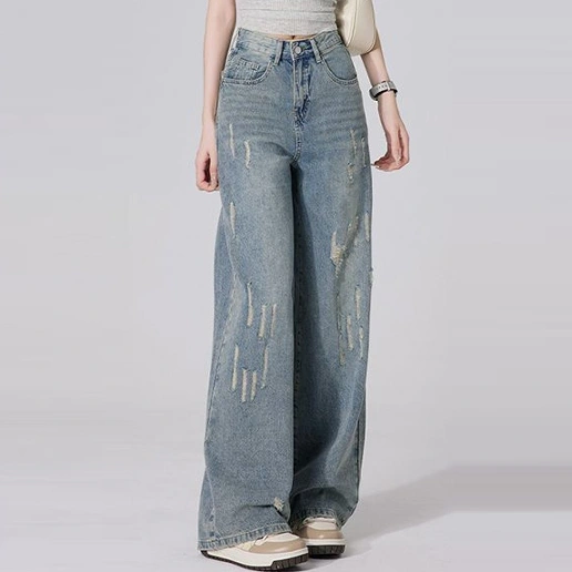 好感度UP ポケット付き 無地 ロング丈 ダメージ加工 ベルト付き カジュアル デニム