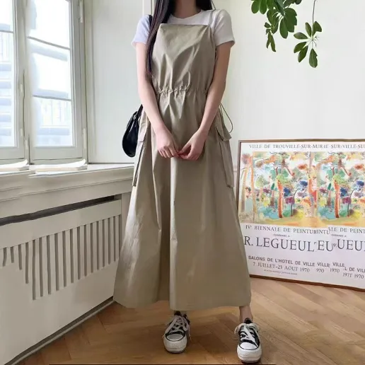脚長効果 ボウタイ ポケット付き ハイウエスト 無地 ファッション シンプル カジュアル 耐久性 キャミワンピース