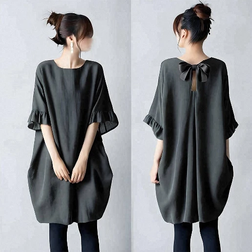 「着回しのコツ」 ラウンドネック 無地 ボウタイ フレア袖 五分袖 ファッション チュニック