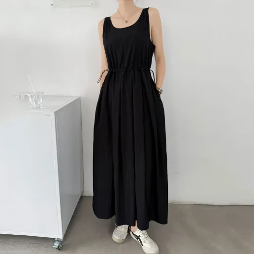 「柔軟加工」ファッション エレガント プルオーバー スクエアネック ロング ハイウエスト ポケット付き 着痩せ効果 キャミワンピース