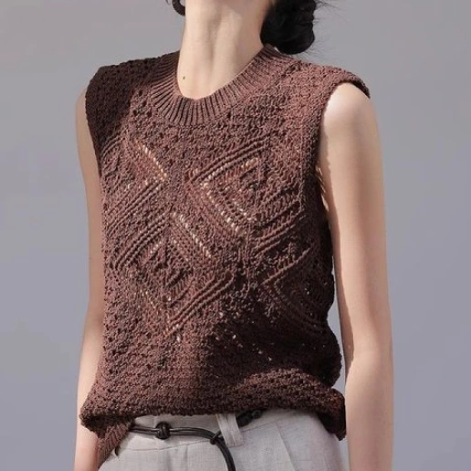 「透かし編み 」人気を獲得♡ 無地 ニット ノースリーブ ラウンドネック タンクトップ