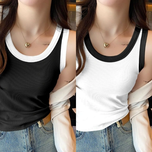 主役級 ノースリーブ プルオーバー 配色 キャミソール カジュアル タンクトップ