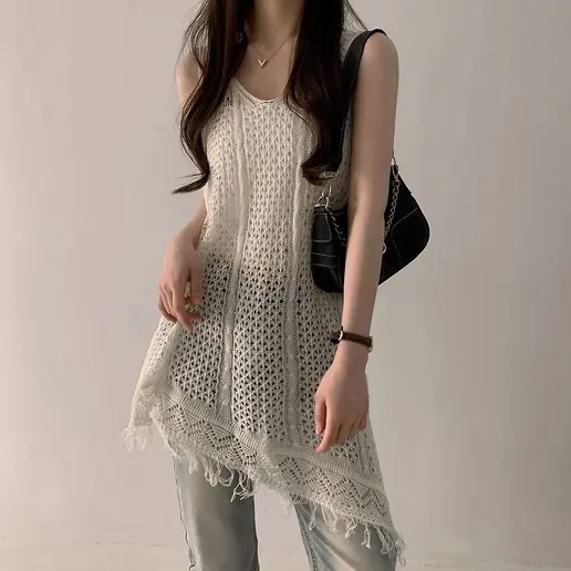 大人可愛い プルオーバー ノースリーブ 透かし編み 無地 Vネック カジュアル タンクトップ