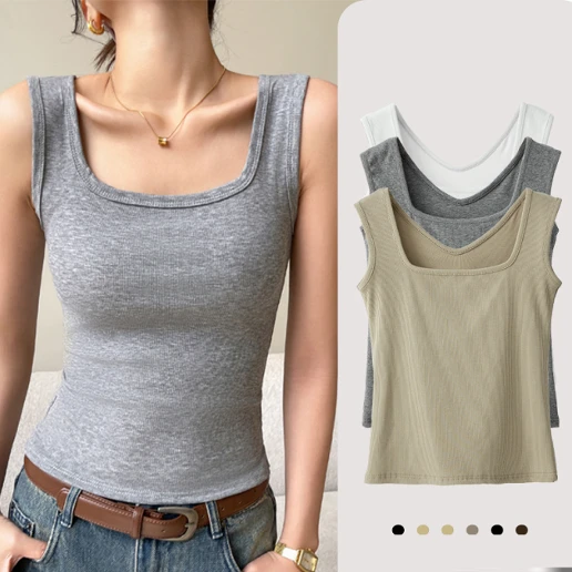 「接触冷感」伸縮性あり ノースリーブ シンプル カジュアル ぴったりしたサイズ感 パイピング 着痩せ効果 スクエアネック 細身シルエット タンクトップ