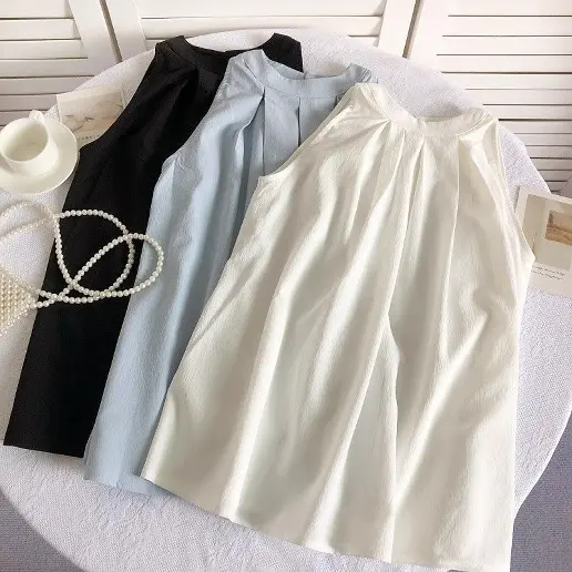 人気高い カジュアル ギャザー ラウンドネック プルオーバー ノースリーブ タンクトップ