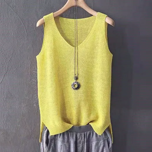 「コーデの主役に！」プルオーバー ノースリーブ 無地 ニット Vネック シンプル カジュアル タンクトップ