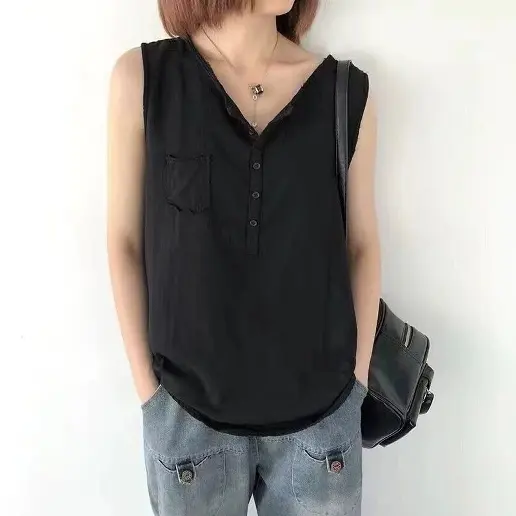 今季トレンド ポケット付き 無地 Vネック ノースリーブ ボタン シンプル タンクトップ