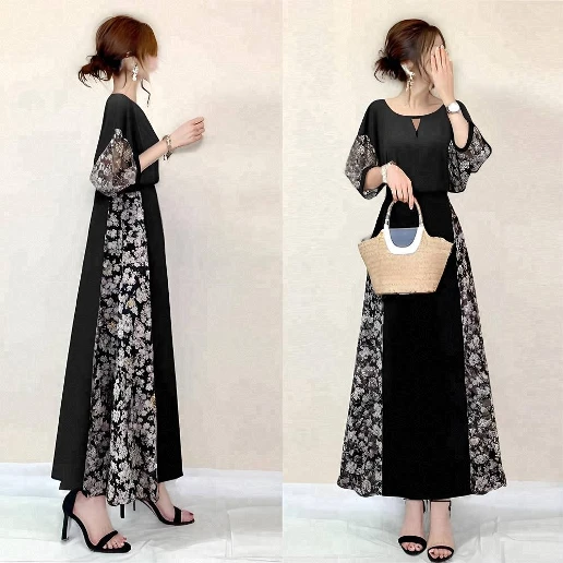 早い者勝ちです! 花柄 無地 切り替え 五分袖 配色 シンプル ワンピース