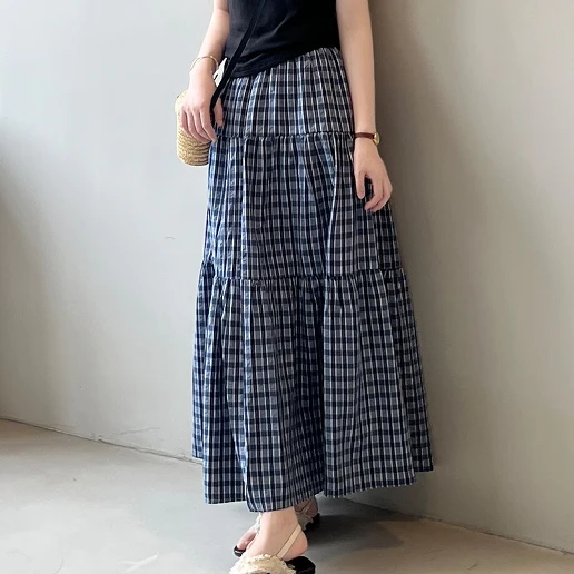 主役級 Aライン チェック柄 切り替え ギャザー ポケット付き カジュアル スカート
