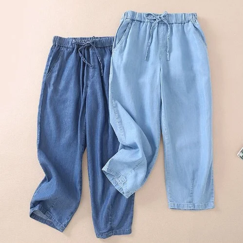 人気商品 無地 クロップド丈（7分丈） 切り替え 接触冷感 ボウタイ シンプル デニム