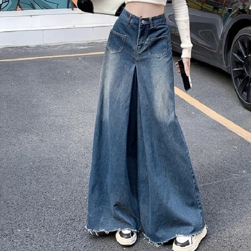 人気高い シンプル ロング丈 ポケット付き ハイウエスト 無地 デニム