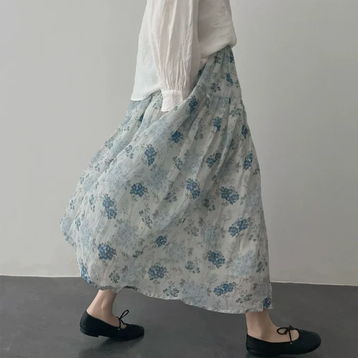 毎日モテ続けちゃう！ プリント 花柄 Aライン ハイウエスト 中長 清新 スカート