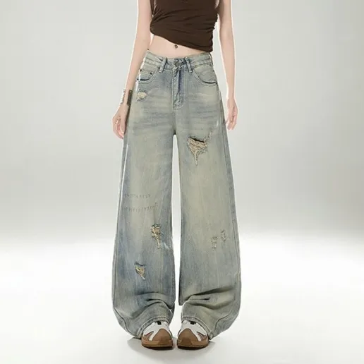 人気を獲得♡ ダメージ加工 無地 デニム ロング丈 ハイウエスト ストリート系 デニム