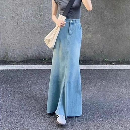 「今季トレンド」無地 足首丈 デニム Aライン マーメイド カジュアル ファッション ポケット付き 旅行 スカート