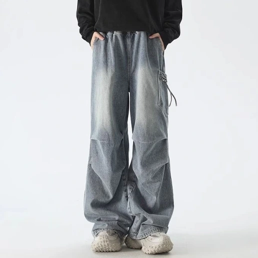 流行の予感 ハイウエスト ポケット付き 無地 ロング丈 ストリート系 デニム