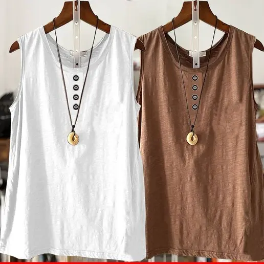 一番安い新作 無地 通気性良い ボタン ラウンドネック ノースリーブ カジュアル タンクトップ