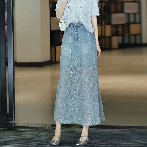 今季大注目 Aライン ハイウエスト ラインストーン レース スリット レトロ スカート