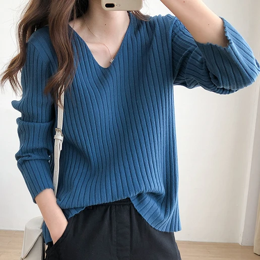 存在感抜群 プルオーバー 長袖 ニット Vネック 無地 シンプル ニット