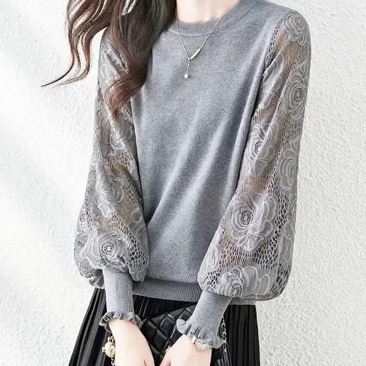 『大人が着たいアイテム』 無地 切り替え ラウンドネック レース 長袖 カジュアル ニット