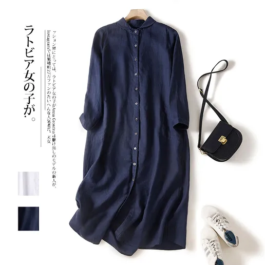 着回し力抜群 ストレート ボタン ラウンドネック 無地 長袖 シャツワンピース