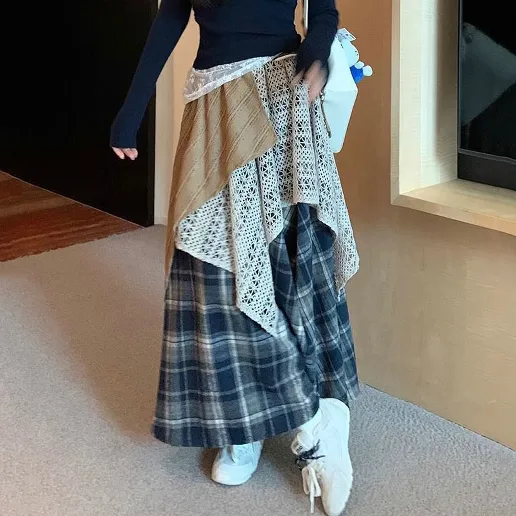 「大人可愛い」切り替え ハイウエスト チェック柄 配色 Aライン レトロ 着痩せ効果 柔軟加工 スカート